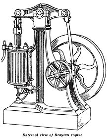 A vintage mechanical device known as the Brayton walking beam engine from the year 1872