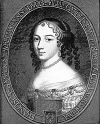 Black-and-white bust portrait of a young woman or girl. She has a small, oval face, with a prominent nose, almond-shaped eyes, thin, dark eyebrows, a small mouth, a high forehead, and a round chin. Her curly hair is pinned up, with some strands over her forehead and a line of pearls on top. She also has pearls around her neck and in her ear. The neckline of her dress is embellished with pearls and gemstones.