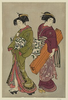 Geisha and a servant carrying her shamisen box Shigemasa, 1777