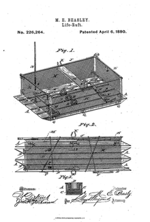 Specs for a collapsible life raft, viewed from above and from the side, with hollow metal floats and mesh sidings.