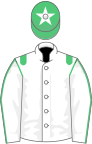 White, emerald green epaulettes, emerald green seams on sleeves, emerald green cap, white star