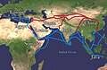 Image 3连接欧洲与东亚的丝绸之路，红色为陆路，蓝色为海路（摘自乌兹别克斯坦历史）
