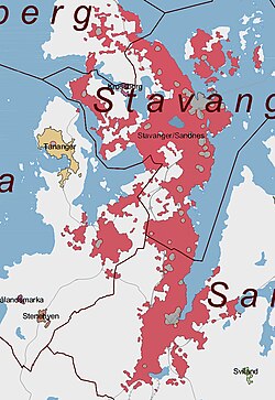 The red areas are included in Stavanger/Sandnes