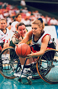 Carter challenging for the ball in a game against the USA at the 1996 Atlanta Paralympics