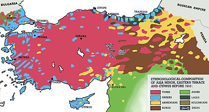 The ottoman Armenians (yellow) in 1910, since Baldamus, Alfred; Koch, Julius; Schwabe, Ernst: "Historisches schulatlas", ed. Putzger, Leipzig 1910, p.28.