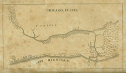 Retrospective map showing how Chicago may have appeared in 1812 (right is north, published in 1884)