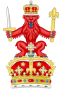 Crest of the royal arms of Scotland (1837), a lion sejant affrontée Gules, imperially crowned Or, holding in the dexter paw a sword and in the sinister paw a scepter both erect and Proper.