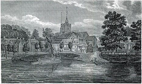 Engraving of St Nicholas Church, Chiswick by Robert Blemell after his father Jacob Schnebbelie, 1807