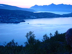 Northern part of Harstad at night, early August. View towards north-west from Gangsåstoppen