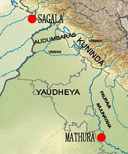 俱邻陀国（KUNINDA）的位置，周围为同时代其余印度部族。