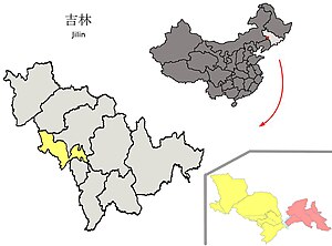 Location of Yitong County (red) within Siping City (yellow) and Jilin