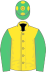 Yellow, emerald green sleeves, emerald green cap, yellow spots