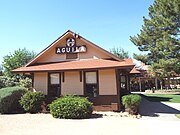 The Aguila Depot, built in 1907 by the Santa Fe, Prescott and Phoenix Railway and moved to the McCormick-Stillman Railroad Park.