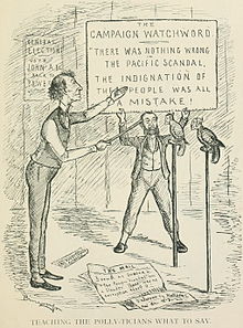 A black-and-white cartoon of a man teaching two parrots to say, "There was nothing wrong in the Pacific Scandal. The indignation of the people was all a mistake!"