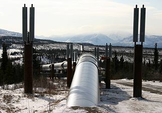Heat pipes in vertical supports maintain a frozen bulb around portions of the Trans-Alaska Pipeline that are at risk of thawing.[82]