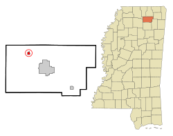 默特尔在尤宁县及密西西比州的位置（以红色标示）