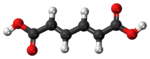 Ball-and-stick model of the trans,trans-muconic acid molecule