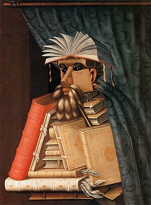A picture of a man made of books
