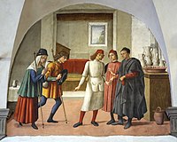 Workshop of Ghirlandaio, Works of Mercy: Welcome Pilgrims, fresco, 1478-81