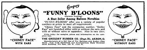 Full ad for Gregory "FUNNY-B'LOONS" [The Gregory Rubber Co Akron, Ohio] Toys and Novelties Volume 19 Issue No 4 Apr 1922 page 91