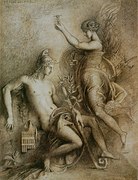 Hesiod and the Muse (1857), 42 x 33 cm., chalk, pen, and ink, Fogg Museum