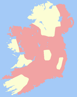 The Lordship of Ireland (pink) in 1300.