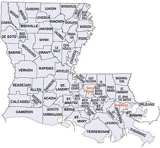 The state of Louisiana divided and labelled by parish.