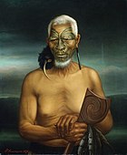 Hauraki chief Tukukino holds a tewhatewha weapon decorated with hawk feathers