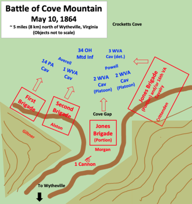 crude map with troop positions near a pass between two mountains, Confederates outnumber Union soldiers and have a cannon