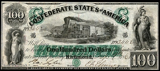 $100 (T5) Justice, Hudson River Railroad, Minerva Southern Bank Note Company (5,798 issued)