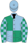 Light blue and emerald green (quartered), checked sleeves, light blue cap