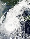 Satellite image of Typhoon Rusa nearing South Korean landfall