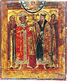 Saints of Uglich, including St. Romanus of Uglich (second from right).