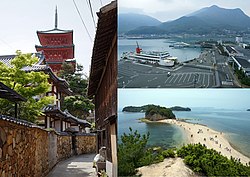 Clockwise from left: historic town center, port of Tonoshō, Angel Road