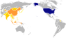 Map showing the United States in blue, and the nations where Asian Americans originate from in shades of orange.
