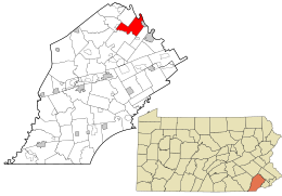 Location of East Vincent Township in Chester County, Pennsylvania (top) and of Chester County in Pennsylvania (below)