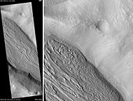 Coloe Fossae lineated valley fill, as seen by HiRISE. Coloe Fossae is in the Ismenius Lacus quadrangle. Scale bar is 500 meters long.