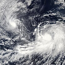 A satellite photo of Tropical Storm Georgette (left) and Tropical Storm Frank (right) both active simultaneously on July 28, 2022.
