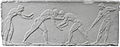 Wrestlers take centre stage on an Ancient Greek relief of the pentathlon, 500 BC. To the left is a sprinter in the starting position, and to the right is a javelin thrower adjusting his grip.