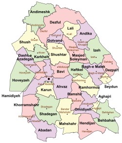 Location of Hendijan County in Khuzestan province (bottom right, pink)