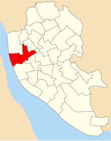 A map of the city of Liverpool showing 1980 council ward boundaries. Everton ward is highlighted