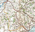 Map of line in 1919, showing sharp curves (grid squares of 2 mi (3.2 km), contours 50 ft (15 m))