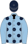 Light blue, dark blue spots on body, dark blue cap