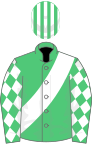 Emerald green, white sash and diamonds on sleeves, emerald green and white striped cap