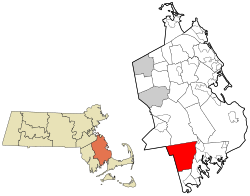 罗切斯特在普利茅斯县及马萨诸塞州的位置（以红色标示）