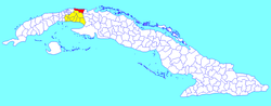 Santa Cruz del Norte municipality (red) within Mayabeque Province (yellow) and Cuba