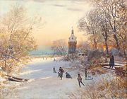 "Lower Rhine winter landscape with children playing in the snow" by August Schlüter