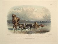 "Dog-sledges of the Mandan Indians": aquatint by Karl Bodmer from the book "Maximilian, Prince of Wied's Travels in the Interior of North America, during the years 1832–1834"