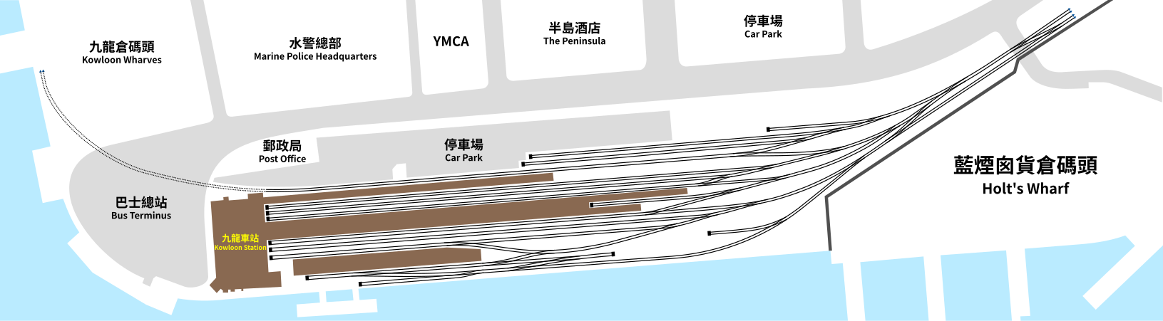 九龙站地图，由站台末端至九龙仓码头的一段路轨（以虚线标示）于1963年或之前拆除。