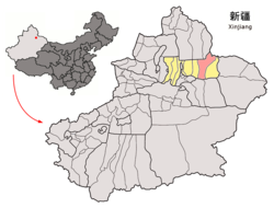 Location of Qitai (pink) in Changji Prefecture (yellow) and Xinjiang